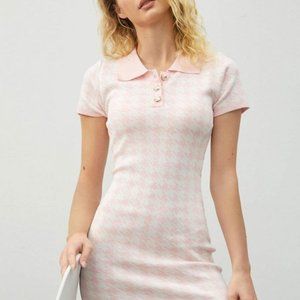 Houndstooth Knitted Polo Short Sleeve Dress - pink - xs
